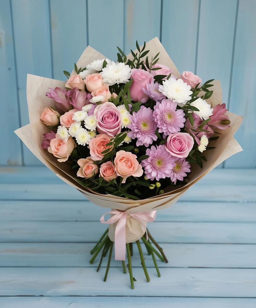 Букет цветов из: Хризантемы, Розы и Альстромерии в Ленино