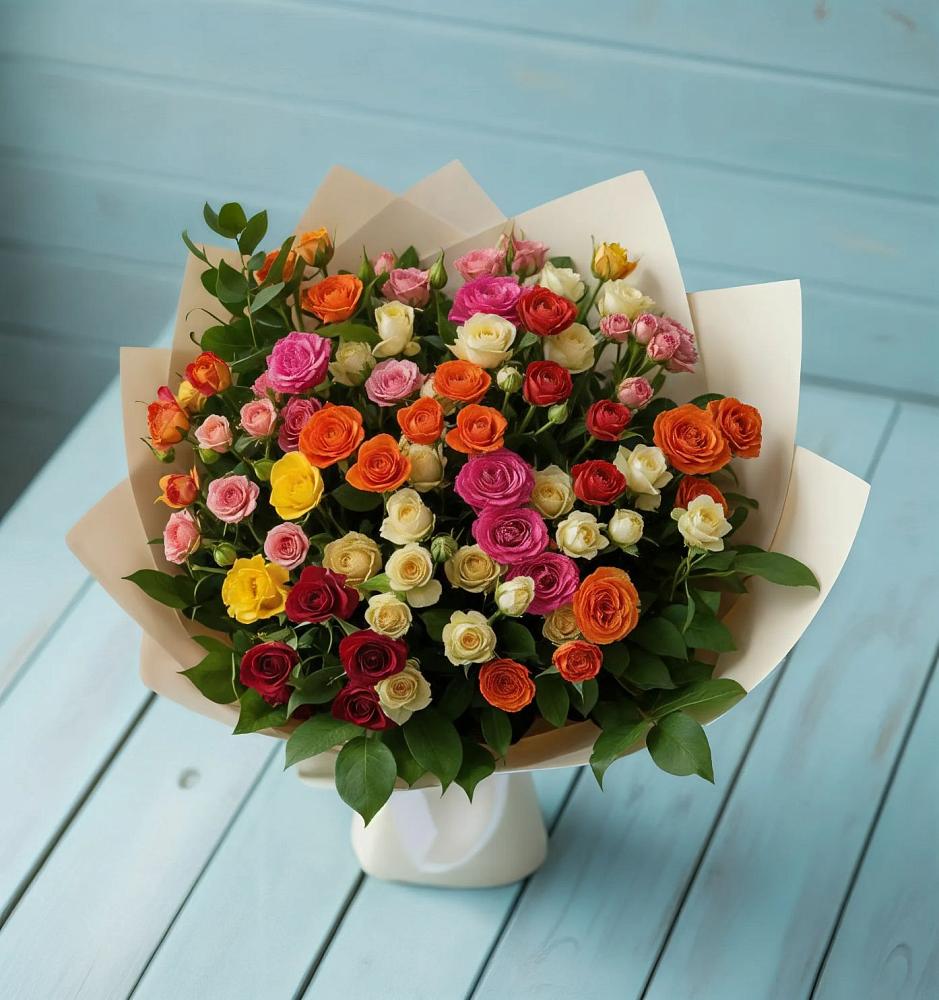 Букет Микс из разноцветных кустовых роз в Ленино