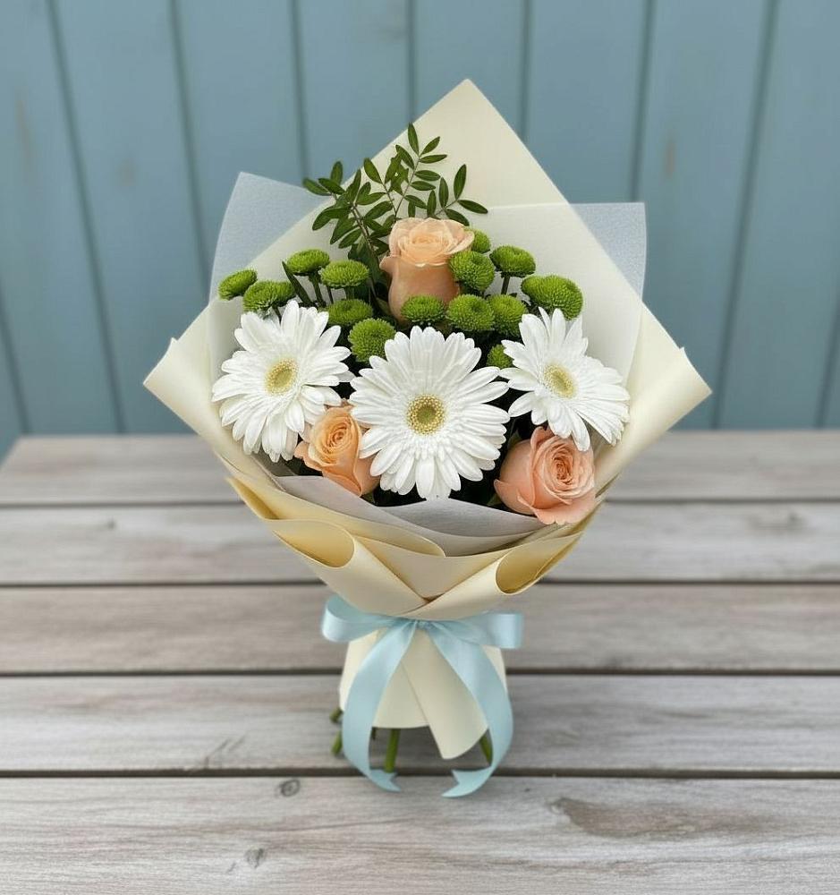 Букет цветов из: Герберы, Розы и Хризантемы в Ленино