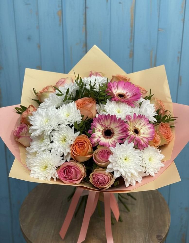 Букет цветов из: Розы, Герберы и Хризантемы в Ленино