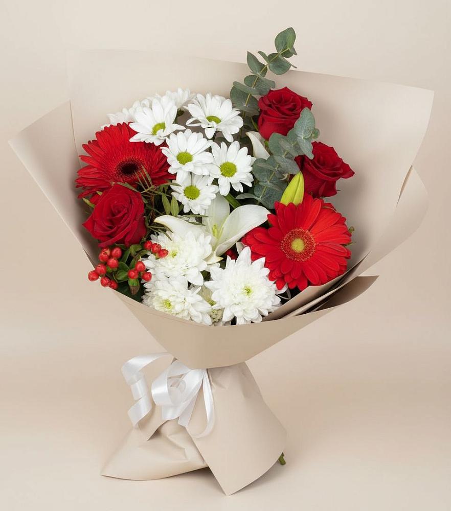 Букет цветов из: Розы, Хризантемы, Герберы и Лилии в Ленино