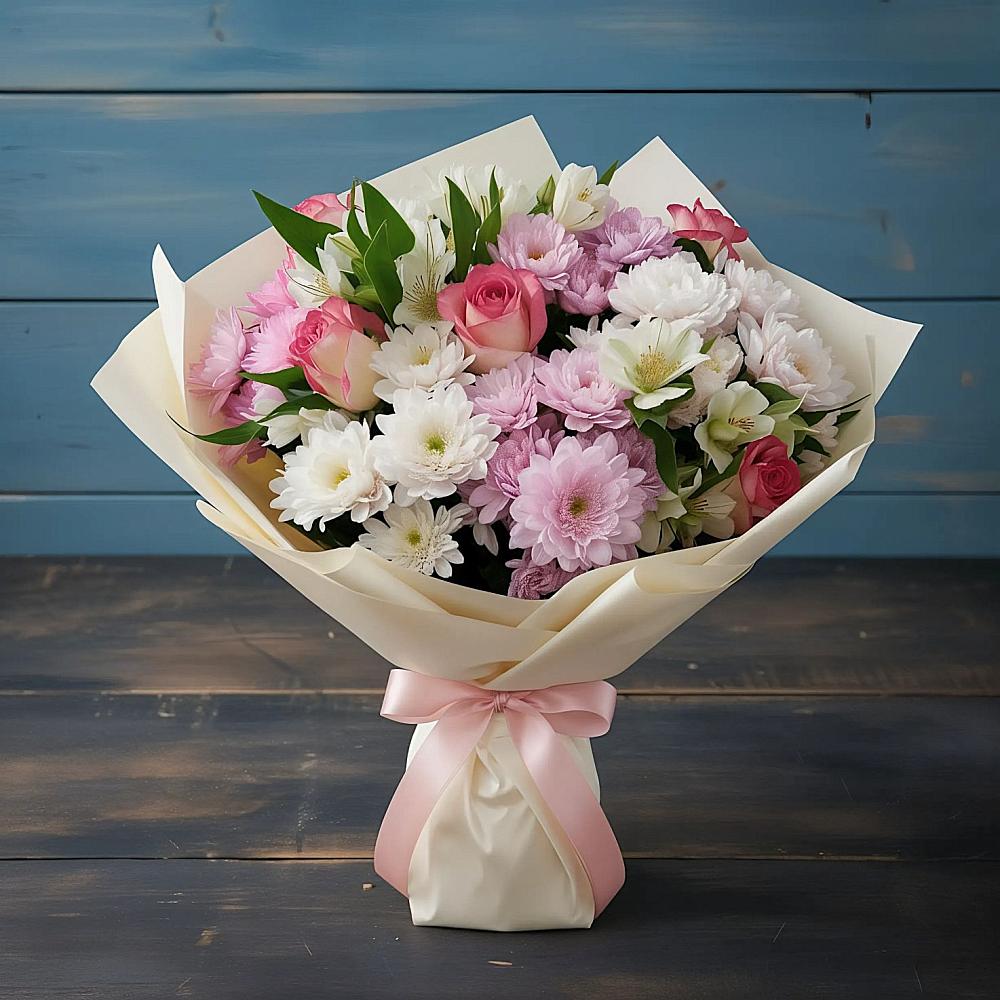 Букет цветов из: Хризантемы, Альстромерии и Розы в Ленино